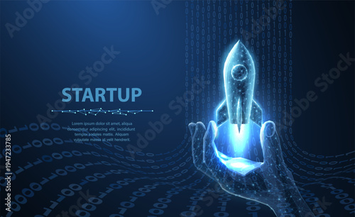 Glowing rocket in a hand, symbolizing startup growth and innovation. Business launch, entrepreneurial success, digital startup, growth concept, space exploration. Illustration