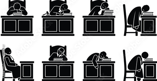 Multiple black silhouettes of judges or legal professionals sleeping or resting at their desks, depicting exhaustion and boredom in a formal setting.