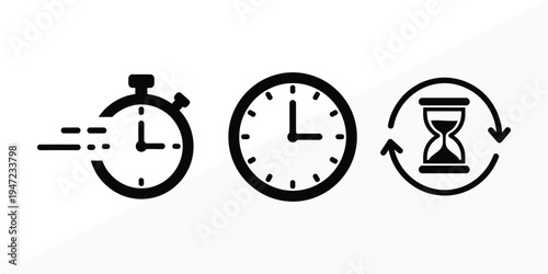 Time management and productivity icons featuring stopwatch clock and hourglass