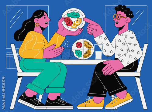 Flat Vector Illustration Of Couple Sharing And Discussing Healthy Food At Table In Casual Environment