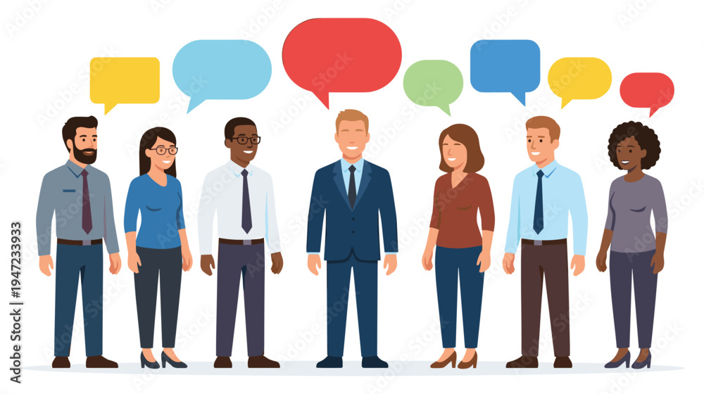 Fototapeta premium Diverse group of business people communicating with colorful speech bubbles