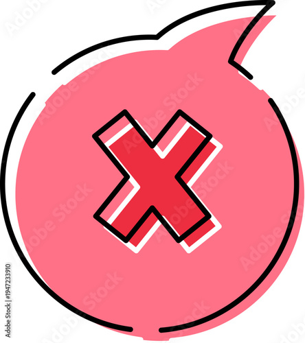 Pink speech bubble with a red cross mark indicating error, cancellation or forbidden action, symbolizing denial, rejection, wrong response, and a negative uimessage alert