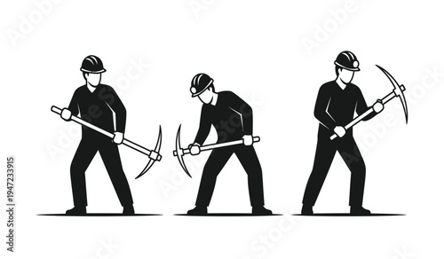 Three coal miners wearing hard hats and working with pickaxes to extract minerals from the ground