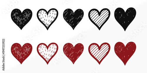 A collection of eight hearts in black white and red colors with varying patterns