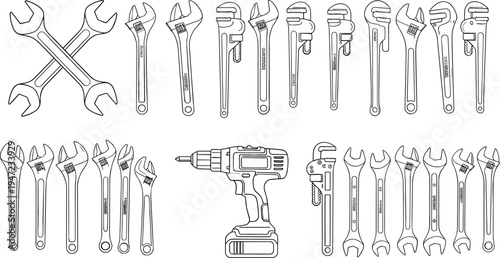 Flat vector illustration of assorted hand tools silhouettes including wrenches and power drill, mechanical equipment icons, construction tool design, industrial work concept illustration