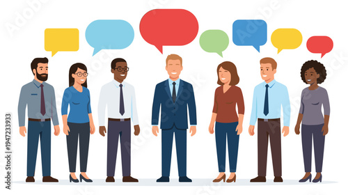 Diverse group of business people communicating with colorful speech bubbles