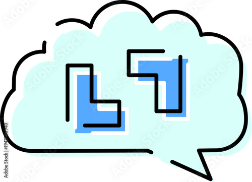 Speech bubble with two interlocking blue puzzle pieces symbolizing cognitive thinking, problem solving, mental processes, communication and creative idea connection in flat vector style