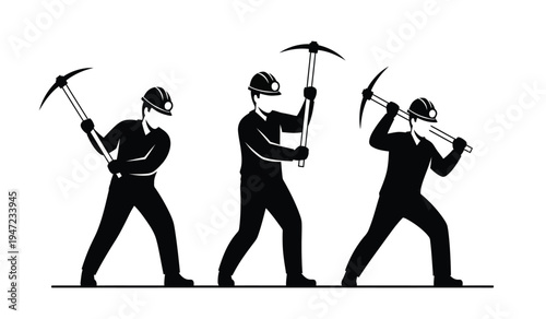 A black and white graphic illustration featuring three miners working with heavy iron pickaxes