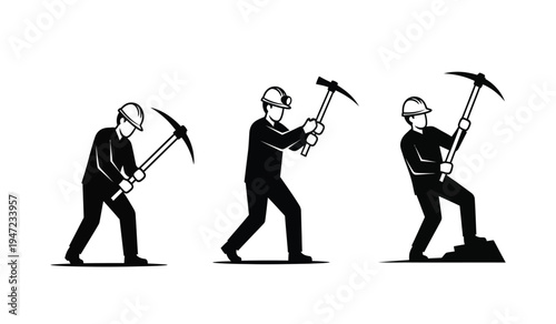 Black and white illustration showing three stages of a worker using a pickaxe for manual labor