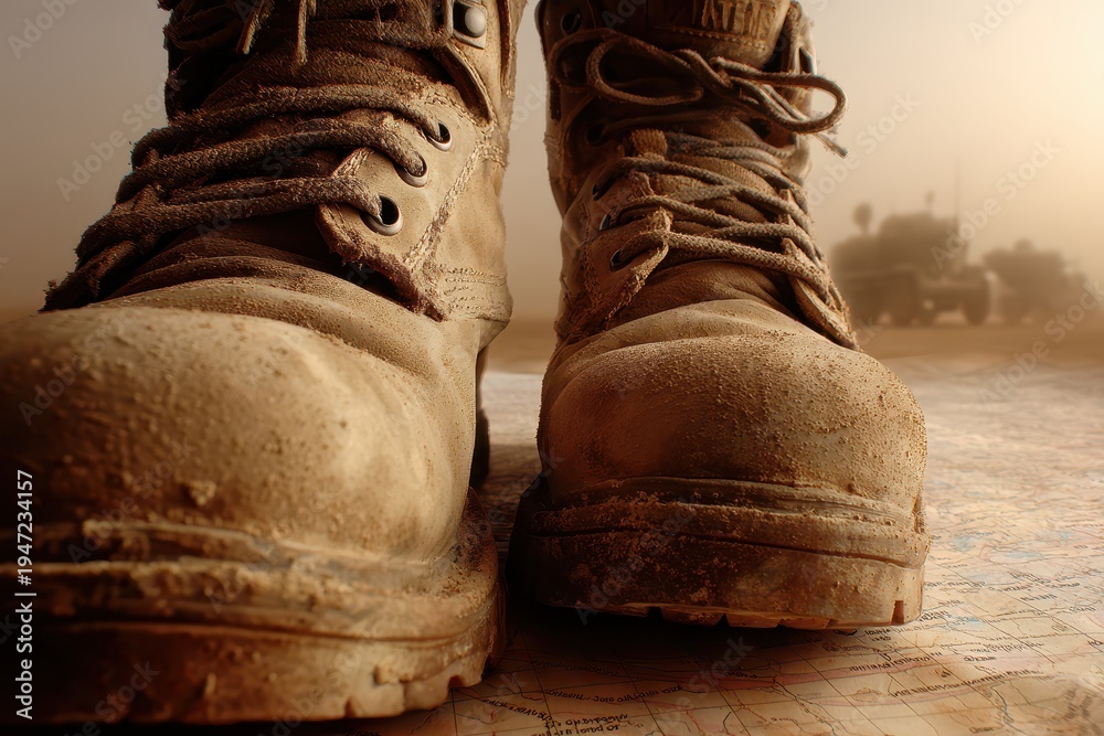 Fototapeta premium A close-up view of muddy military boots on top of a map with military vehicles in the distance, symbolizing the challenges and realities of conflict zones.