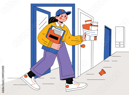 Illustration of Young Woman in Cap Carrying Documents Through Door in Busy Office Environment for Productivity Theme