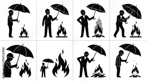 Pictograms showing people attempting to use umbrellas to shield from or extinguish fires and smoke.