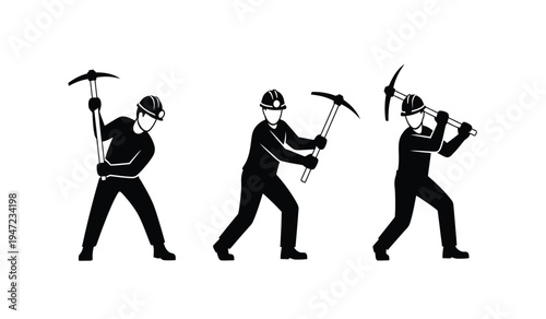 Three silhouettes of miners wearing hard hats and using pickaxes for excavation and manual labor
