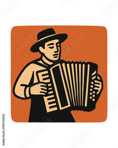Músico Sanfoneiro tocando Acordeon em Estilo Xilogravura Nordestina