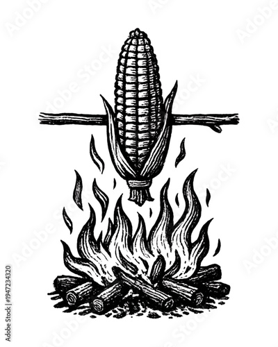 Milho Assado na Fogueira em Estilo Xilogravura de Cordel Rústico