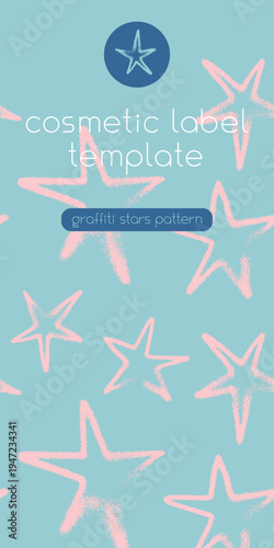 Template cosmetic label design with seamless stars pattern — vector hand drawn spray effect. Star background for childish banner, dreamlike design, childlike wrapping and branding
