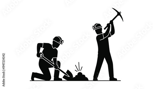 A silhouette illustration of two coal miners working together using a shovel and a pickaxe tool
