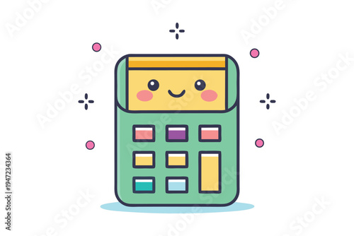 A cute Colorful flat design calculator illustration with number display and essential arithmetic operation buttons