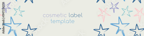 Template cosmetic label design with seamless stars pattern — vector hand drawn spray effect. Star background for childish banner, dreamlike design, childlike wrapping and branding