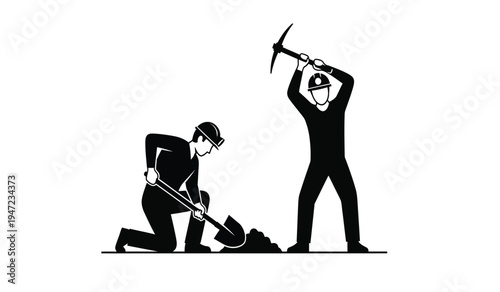 A black and white silhouette illustration of two manual laborers working with a shovel and pickaxe