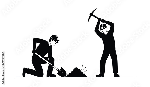 Black silhouette illustration of two workers digging and breaking ground with a shovel and pickaxe
