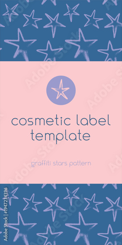 Template cosmetic label design with seamless stars pattern — vector hand drawn spray effect. Star background for childish banner, dreamlike design, childlike wrapping and branding