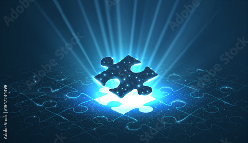 Single glowing puzzle piece fitting into empty space on dark background. Problem solving, teamwork, strategy, solution finding, business concept, digital innovation concept. Illustration