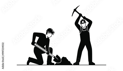 Black and white silhouette illustration of two miners working with a shovel and a pickaxe tool