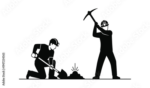 Black and white silhouette illustration of two construction workers digging into the ground surface