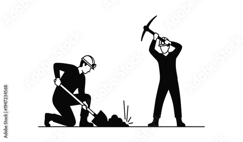 A graphic illustration depicting two workers performing manual labor with a shovel and a pickaxe