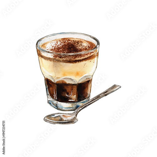 Watercolor vector of a cup of cold espresso with foam on top, white background