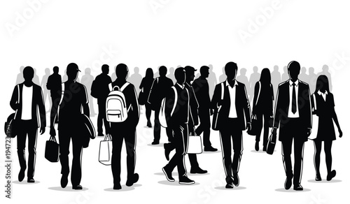 A diverse crowd of people walking together in a busy urban city street setting during the daytime