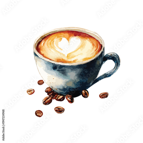 Watercolor vector illustration of A cup of hot coffee latte with latte art, served in a blue cup with coffee beans around it. White Background