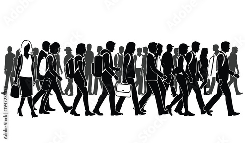 A crowd of diverse people walking together in a busy city street urban environment silhouette view