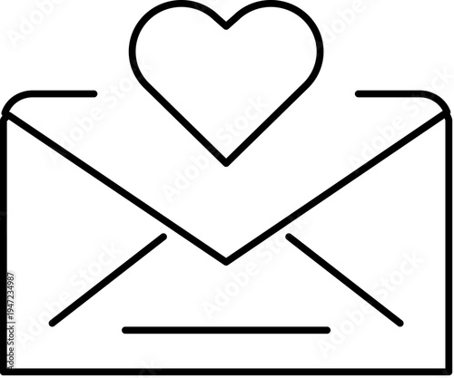 Mail envelope with heart icon symbolizing romantic digital communication, sending love via email or app notification, minimal black and white line art for ui, web, and social use