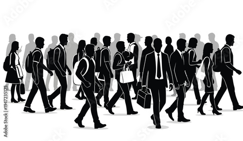 A crowd of people walking together in a professional urban setting during the busy morning rush