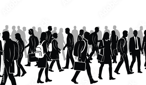 A crowd of people walking together represented by high contrast black silhouettes on light background