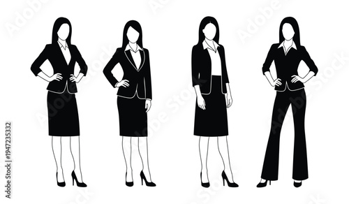 A collection of four professional business women standing in formal attire for corporate portraits