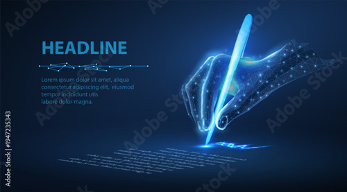 Glowing digital hand writing text on screen with a pen. Smart writing, technology interaction, digital education, creative content creation, modern writing concept. Vector illustration