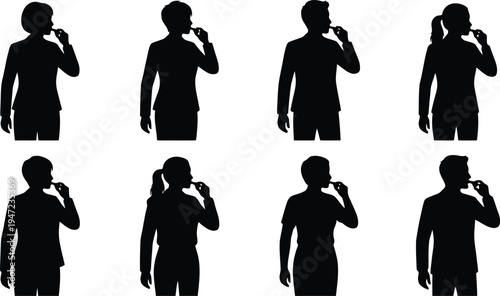 Eight black silhouettes of diverse people holding objects to their mouths, standing in various poses.