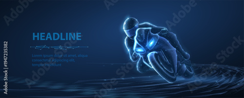 Rider on glowing motorcycle making a high-speed turn. Racing sport, speed challenge, competitive riding, futuristic motorbike, energy and motion concept. Vector illustration