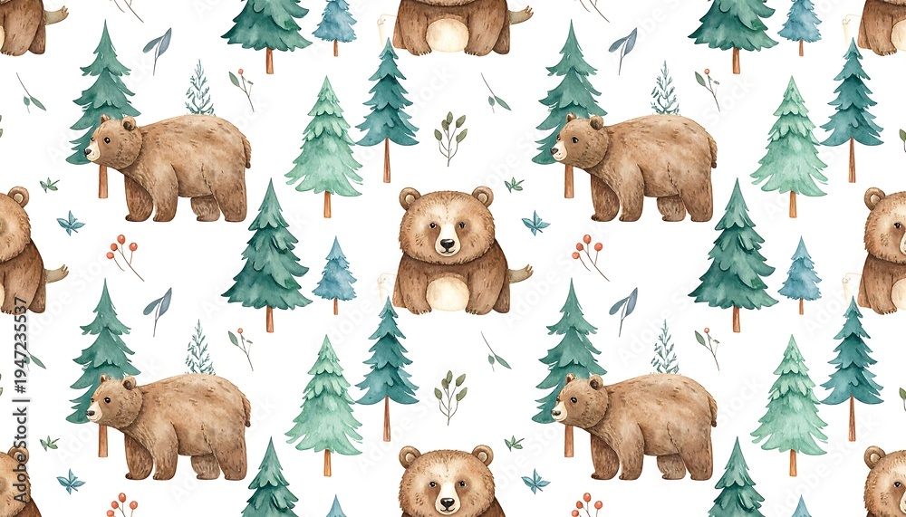 Fototapeta premium Forest friends watercolor bears and pine trees create a whimsical, repeating pattern on a white background