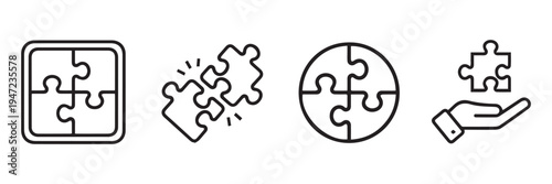 Puzzle pieces icon set. Puzzle jigsaw outline icons on white background - stock vector.