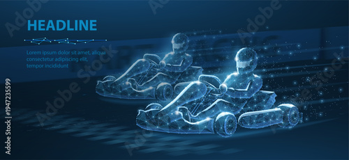 Glowing digital go-kart with two drivers racing on track. Futuristic sport, racing technology, vehicle competition, high-speed challenge, entertainment concept. Vector illustration