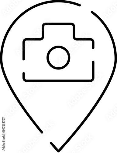 Line art camera icon inside a map pin symbol denoting a photo spot, geotagged location or point of interest for travel, navigation and mobile app interfaces