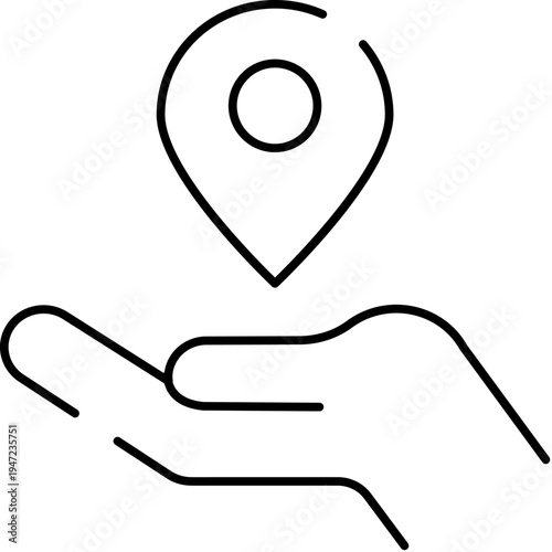 Hand with an open palm holding an outline of a location pin icon, visualizing concepts of local services, navigation, destination, address, and providing directions or assistance