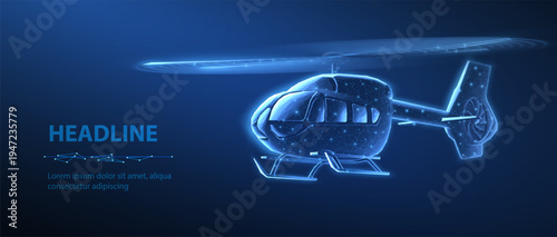 Glowing digital helicopter with rotor blades in dark background. Aviation technology, transport helicopter, aircraft engineering, futuristic flight, transportation concept. Vector illustration