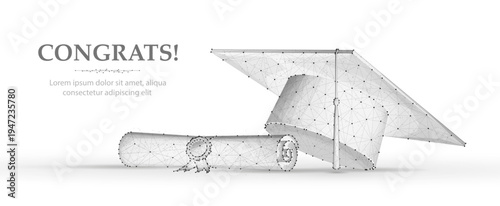 Graduation cap and diploma in sketch style on light background. Academic achievement, education success, certificate award, learning milestone, congratulation concept. Vector illustration