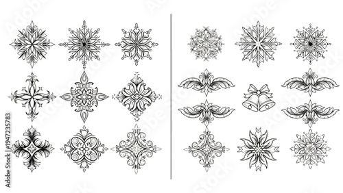 Intricate collection of ornamental floral and geometric patterns in monochromatic designs Vector