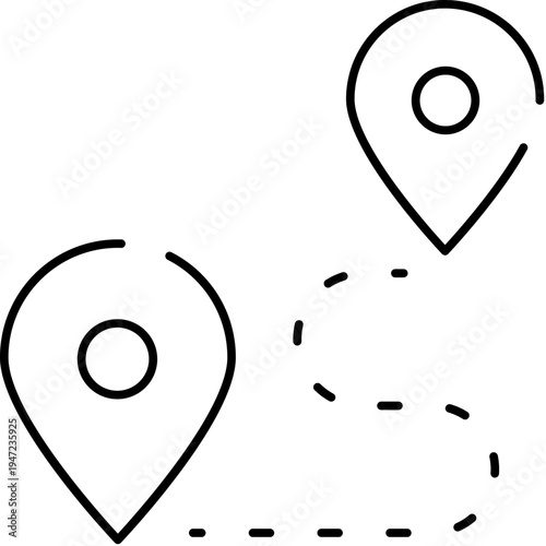 Location pin markers linked by a dashed line showing a travel route or navigation path between two points, ideal for maps, gps, itinerary planning, and digital apps
